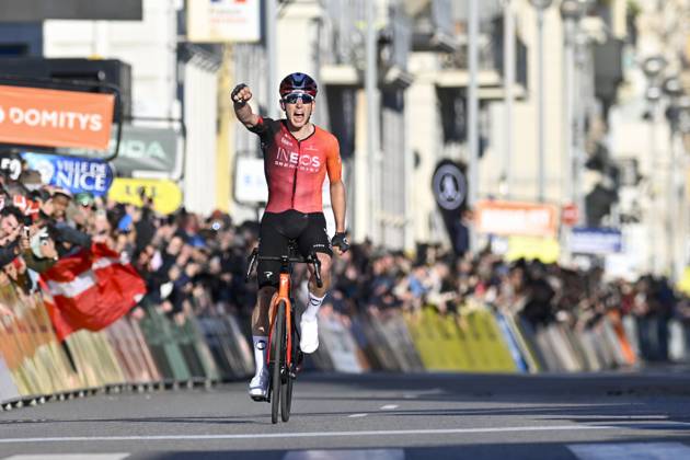 Paris - Nice 2025 - stage 8 NICE, FRANCE - MARCH 16 : Sheffield Magnus (USA) of Ineos Grenadiers celebrating his victory during stage 8 and final stage of the 83th edition of the Paris - Nice cycling race, a stage of 119,9km with start and finish in Nice on March 16, 2025 in Nice, France, 16 03 2025 ( Motordriver Kenny Verfaillie - Nice France  Copyright: xNicoxVereeckenx