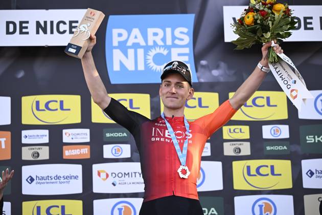 Paris - Nice 2025 - stage 8 NICE, FRANCE - MARCH 16 : Sheffield Magnus (USA) of Ineos Grenadiers on the podium during stage 8 and final stage of the 83th edition of the Paris - Nice cycling race, a stage of 119,9km with start and finish in Nice on March 16, 2025 in Nice, France, 16 03 2025 ( Motordriver Kenny Verfaillie - Nice France  Copyright: xNicoxVereeckenx