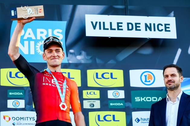 American Magnus Sheffield of Ineos Grenadiers celebrates on the podium after winning stage eight of the 83th edition of the Paris-Nice cycling race, 119,9 km from Nice to Nice, France, Sunday 16 March 2025. DAVIDxPINTENS  x115105795x