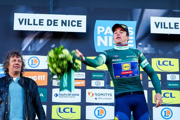 Danish Mads Pedersen of Lidl-Trek celebrates in the green jersey of leader in the points ranking after stage eight of the 83th edition of the Paris-Nice cycling race, 119,9 km from Nice to Nice, France, Sunday 16 March 2025. DAVIDxPINTENS  x115106018x