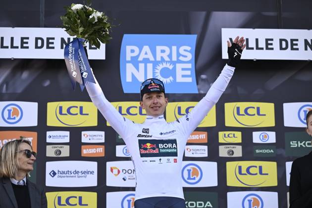 Paris - Nice 2025 - stage 8 NICE, FRANCE - MARCH 16 : Lipowitz Florian (GER) of Red Bull - Bora - Hansgrohe on the podium during stage 8 and final stage of the 83th edition of the Paris - Nice cycling race, a stage of 119,9km with start and finish in Nice on March 16, 2025 in Nice, France, 16 03 2025 ( Motordriver Kenny Verfaillie - Nice France  Copyright: xNicoxVereeckenx