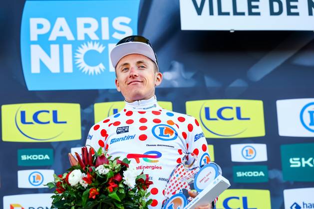 French Thomas Gachignard of TotalEnergies celebrates in the red polka-dot jersey for best climber after stage eight of the 83th edition of the Paris-Nice cycling race, 119,9 km from Nice to Nice, France, Sunday 16 March 2025. DAVIDxPINTENS x115106041x