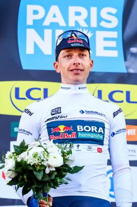 German Florian Lipowitz of RedBull-BORA-hansgrohe celebrates in the white jersey for best young rider after stage eight of the 83th edition of the Paris-Nice cycling race, 119,9 km from Nice to Nice, France, Sunday 16 March 2025. DAVIDxPINTENS  x115106341x