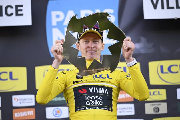 Paris - Nice 2025 - stage 8 NICE, FRANCE - MARCH 16 : Jorgenson Matteo (USA) of Team Visma Lease A Bike on the podium during stage 8 and final stage of the 83th edition of the Paris - Nice cycling race, a stage of 119,9km with start and finish in Nice on March 16, 2025 in Nice, France, 16 03 2025 ( Motordriver Kenny Verfaillie - Nice France  Copyright: xNicoxVereeckenx