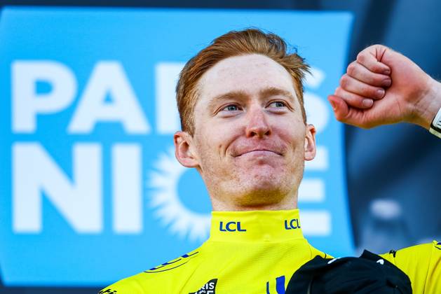 American Matteo Jorgenson of Team Visma-Lease a Bike celebrates in the yellow jersey of leader in the overall ranking after stage eight of the 83th edition of the Paris-Nice cycling race, 119,9 km from Nice to Nice, France, Sunday 16 March 2025. DAVIDxPINTENS  x115107009x