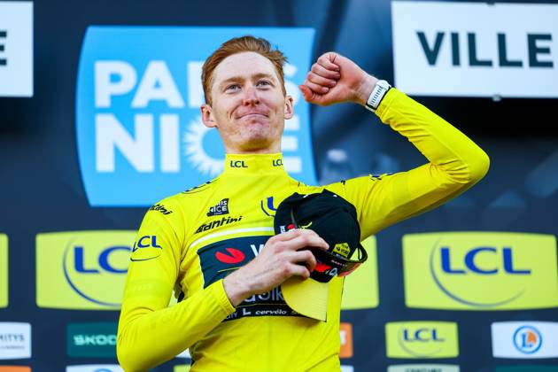 American Matteo Jorgenson of Team Visma-Lease a Bike celebrates in the yellow jersey of leader in the overall ranking after stage eight of the 83th edition of the Paris-Nice cycling race, 119,9 km from Nice to Nice, France, Sunday 16 March 2025. DAVIDxPINTENS x115107013x