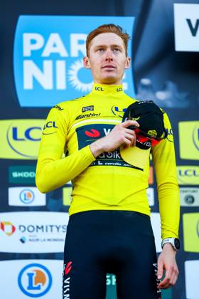 American Matteo Jorgenson of Team Visma-Lease a Bike celebrates in the yellow jersey of leader in the overall ranking after stage eight of the 83th edition of the Paris-Nice cycling race, 119,9 km from Nice to Nice, France, Sunday 16 March 2025. DAVIDxPINTENS x115107038x