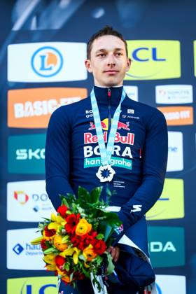 German Florian Lipowitz of RedBull-BORA-hansgrohe pictured on the podium after stage eight of the 83th edition of the Paris-Nice cycling race, 119,9 km from Nice to Nice, France, Sunday 16 March 2025. DAVIDxPINTENS  x115107050x