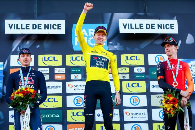 German Florian Lipowitz of RedBull-BORA-hansgrohe, American Matteo Jorgenson of Team Visma-Lease a Bike and Dutch Thymen Arensman of Ineos Grenadiers pictured on the podium after stage eight of the 83th edition of the Paris-Nice cycling race, 119,9 km from Nice to Nice, France, Sunday 16 March 2025. DAVIDxPINTENS  x115107061x