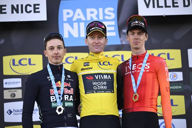 Paris - Nice 2025 - stage 8 NICE, FRANCE - MARCH 16 : Jorgenson Matteo (USA) of Team Visma Lease A Bike, Lipowitz Florian (GER) of Red Bull - Bora - Hansgrohe, Arensman Thymen (NED) of Ineos Grenadiers on the podium during stage 8 and final stage of the 83th edition of the Paris - Nice cycling race, a stage of 119,9km with start and finish in Nice on March 16, 2025 in Nice, France, 16 03 2025 ( Motordriver Kenny Verfaillie - Nice France  Copyright: xNicoxVereeckenx