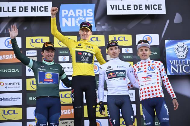 Sport Bilder des Tages Paris - Nice 2025 - stage 8 NICE, FRANCE - MARCH 16 : Pedersen Mads (DEN) of Lidl - Trek, Jorgenson Matteo (USA) of Team Visma Lease A Bike, Lipowitz Florian (GER) of Red Bull - Bora - Hansgrohe, Gachignard Thomas (FRA) of Team Totalenergies on the podium during stage 8 and final stage of the 83th edition of the Paris - Nice cycling race, a stage of 119,9km with start and finish in Nice on March 16, 2025 in Nice, France, 16 03 2025 ( Motordriver Kenny Verfaillie - Nice France  Copyright: xNicoxVereeckenx