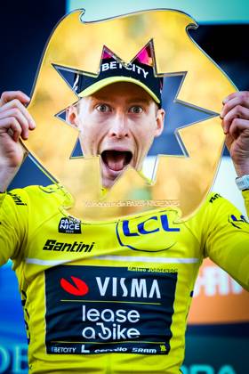 American Matteo Jorgenson of Team Visma-Lease a Bike celebrates on the podium after winning stage eight of the 83th edition of the Paris-Nice cycling race, 119,9 km from Nice to Nice, France, Sunday 16 March 2025. DAVIDxPINTENS x115107111x