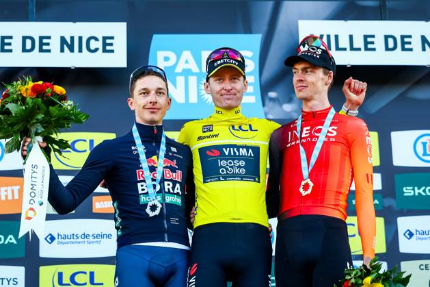 German Florian Lipowitz of RedBull-BORA-hansgrohe, American Matteo Jorgenson of Team Visma-Lease a Bike and Dutch Thymen Arensman of Ineos Grenadiers pictured on the podium after stage eight of the 83th edition of the Paris-Nice cycling race, 119,9 km from Nice to Nice, France, Sunday 16 March 2025. DAVIDxPINTENS  x115107114x