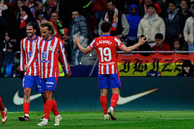 Julian Alvarez seen celebrating after scoring goal during LaLiga EA SPORTS game between teams of Atletico de Madrid and FC Barcelona, Barca (Maciej Rogowski) Madrid Estadio Civitas Metropolitano Spain Copyright: xMaciejxRogowskix atleticofcbarcelona2425-188