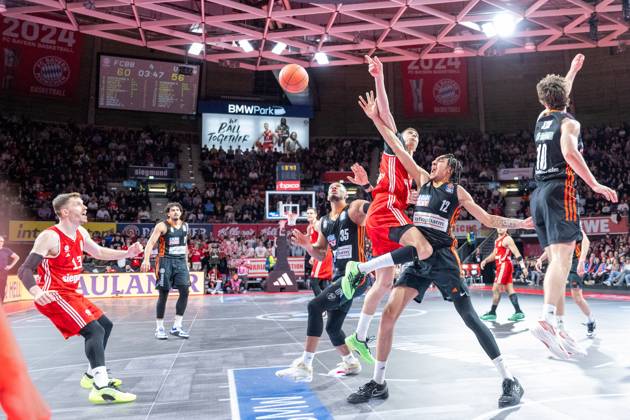 Andreas Obst 13 FC Bayern Basketball , Karim Jallow 35 Ratiopharm Ulm , Vladimir Lucic 11 FC Bayern Basketball , Noa Essengue 12 Ratiopharm Ulm , Justinian Jessup 10 Ratiopharm Ulm , FC Bayern Basketball vs Ratiopharm Ulm, BBL 14 Matchday, 17 03 2025 Munich Bavaria Germany Copyright: xkolbert-press UlrichxGamelx