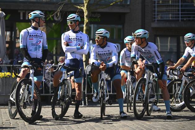 Danilith Nokere Koerse 2025 cycling race NOKERE, BELGIUM - MARCH 19 : riders of Bahrain - Victorious during the Men Elite UCI 1.Pro 78th Danilith Nokere Koerse cycling race with start in Deinze and finish in Nokere (188,2 km) on March 19, 2025 in Nokere, Belgium, 19 03 2025 ( Motordriver Rodrique Verfaillie & Nokere Belgium  Copyright: xTomasxSiskx