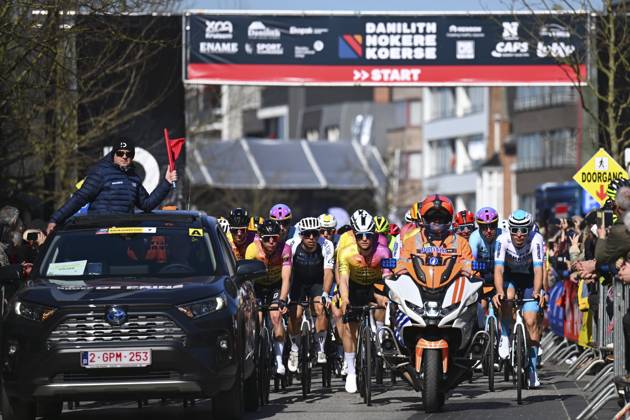 Danilith Nokere Koerse 2025 cycling race NOKERE, BELGIUM - MARCH 19 : illustration picture of the start during the Men Elite UCI 1.Pro 78th Danilith Nokere Koerse cycling race with start in Deinze and finish in Nokere (188,2 km) on March 19, 2025 in Nokere, Belgium, 19 03 2025 ( Motordriver Rodrique Verfaillie & Nokere Belgium  Copyright: xTomasxSiskx