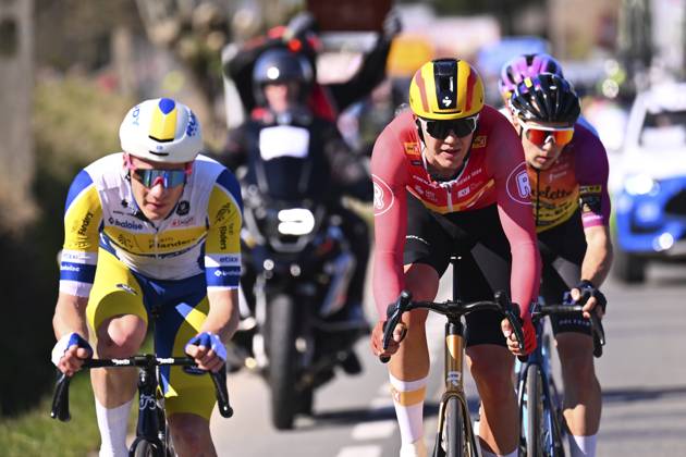 Danilith Nokere Koerse 2025 cycling race NOKERE, BELGIUM - MARCH 19 : Colman Alex (BEL) of Team Flanders - Baloise, Wallin Rasmus Bogh (DEN) of Uno-X Mobility, Teugels Lennert (BEL) of Tarteletto - Isorex, Johannink Jelle (NED) of Unibet Tietema Rockets, during the Men Elite UCI 1.Pro 78th Danilith Nokere Koerse cycling race with start in Deinze and finish in Nokere (188,2 km) on March 19, 2025 in Nokere, Belgium, 19 03 2025 ( Motordriver Rodrique Verfaillie & Nokere Belgium  Copyright: xTomasxSiskx