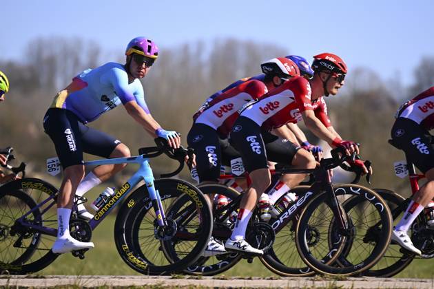 Danilith Nokere Koerse 2025 cycling race NOKERE, BELGIUM - MARCH 19 : Grisel Matys (FRA) of Lotto, Stokbro Andreas (DEN) of Unibet Tietema Rockets during the Men Elite UCI 1.Pro 78th Danilith Nokere Koerse cycling race with start in Deinze and finish in Nokere (188,2 km) on March 19, 2025 in Nokere, Belgium, 19 03 2025 ( Motordriver Rodrique Verfaillie & Nokere Belgium  Copyright: xTomasxSiskx