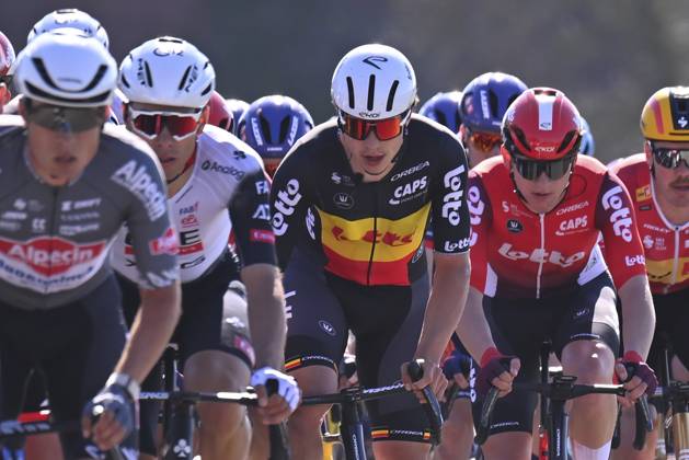 Danilith Nokere Koerse 2025 cycling race NOKERE, BELGIUM - MARCH 19 : De Lie Arnaud (BEL) of Lotto during the Men Elite UCI 1.Pro 78th Danilith Nokere Koerse cycling race with start in Deinze and finish in Nokere (188,2 km) on March 19, 2025 in Nokere, Belgium, 19 03 2025 ( Motordriver Rodrique Verfaillie & Nokere Belgium  Copyright: xTomasxSiskx