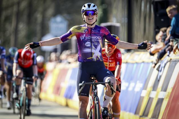 Polish Marta Lach of SD Worx-Protime celebrates as she crosses the finish line to win the Nokere Koerse one day cycling race for women elite, 134km from Deinze to Nokere, on Wednesday 19 March 2025. DAVIDxPINTENS  x115273187x