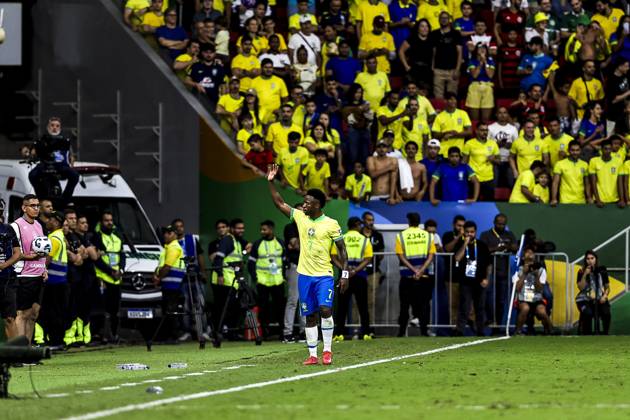 Match between brazil and colomba for the world cup qualifiers in brasilia Brasilia (df), 03 20 2025 - qualifiers 2026 world cup brazil colombia - player vini jr celebrates in a match between the brazilian team and the colombian team, for the 13th round of the world cup qualifiers at the brb mane garrincha arena, this thursday night, march 20, 2025. (Foto: Pedro Paulo Diaz Thenews2 imago images) Copyright: xPedroxPauloxDiazx