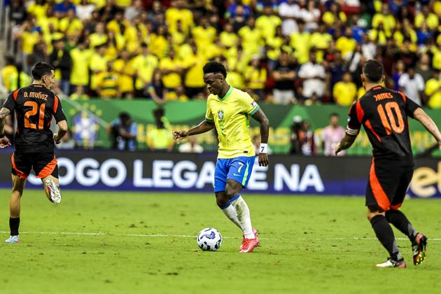 Match between brazil and colomba for the world cup qualifiers in brasilia Brasilia (df), 03 20 2025 - qualifiers 2026 world cup brazil colombia - player vini jr in a play in the match between the brazilian team and the colombian team, for the 13th round of the world cup qualifiers at the brb mane garrincha arena, this thursday night, march 20, 2025. (Foto: Pedro Paulo Diaz Thenews2 imago images) Copyright: xPedroxPauloxDiazx
