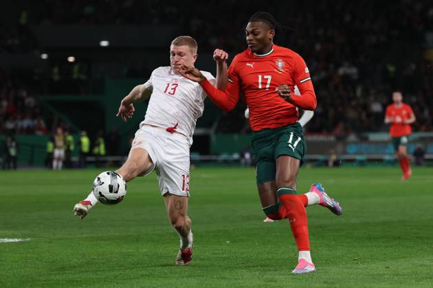 2025 03 23 xJAx Portugal, Lisbon Estadio Jose Alvalade UEFA Nations League 2025 Quarter finals Portugal Denmark v l , Rasmus Kristensen Denmark , Rafael Leao Portugal , duel, action, action, battles for the ball Copyright: JoaquimxFerreira