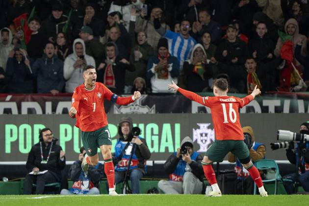 UEFA Nations League Portugal Denmark Portugal s Cristiano Ronaldo celebrates his goal to make it 2 1 with Francisco Conceicao during the UEFA Nations League playoff match in League A between Portugal and Denmark at JosÃ Alvalade Stadium in Lisbon, Portugal on Sunday, March 23, 2025 Photo Bo Amstrup Ritzau Scanpix , Lisbon Portugal Mors  Copyright: BoxAmrstrupx xRitzauxScanpix BoxAmstrupx spdk20250324-002135-L