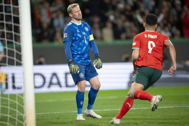 UEFA Nations League Portugal Denmark Portugal s Goncalo Ramos scores to make it 5 2 with no chance for Denmark s goalkeeper Kasper Schmeichel during the UEFA Nations League playoff match in League A between Portugal and Denmark at JosÃ Alvalade Stadium in Lisbon, Portugal on Sunday, March 23, 2025 Photo Bo Amstrup Ritzau Scanpix , Lisbon Portugal Mors  Copyright: BoxAmrstrupx xRitzauxScanpix BoxAmstrupx spdk20250323-234734-L