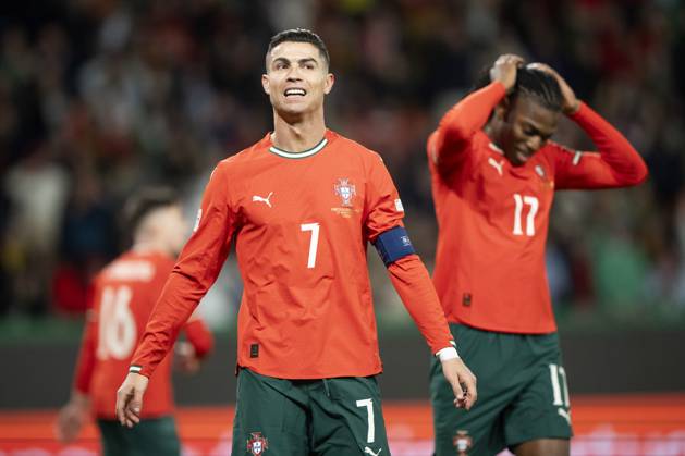 UEFA Nations League Portugal Denmark Portugal s Cristiano Ronaldo has missed a penalty and reacts together with Rafael Leao during the UEFA Nations League playoff match in League A between Portugal and Denmark at JosÃ Alvalade Stadium in Lisbon, Portugal on Sunday, March 23, 2025 Photo Bo Amstrup Ritzau Scanpix , Lisbon Portugal Mors  Copyright: BoxAmrstrupx xRitzauxScanpix BoxAmstrupx spdk20250324-022259-L