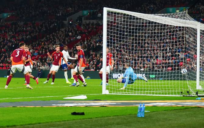 Eberechi Eze of England scores a goal to make it 3-0 England v Latvia, FIFA 2026 World Cup Qualifying, Group K, Football, Wembley Stadium, London, UK - 24 Mar 2025 EDITORIAL USE ONLY No use with unauthorised audio, video, data, fixture lists, club league logos or live services. Online in-match use limited to 120 images, no video emulation. No use in betting, games or single club league player publications.  Copyright: xJavierxGarcia Shutterstockx 15219744ae