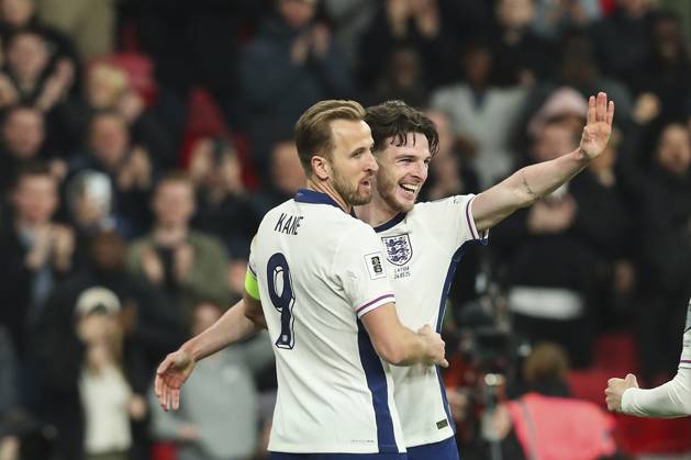 England v Latvia Harry Kane of England celebrates his goal in the 68th minute for 2-0 with Declan Rice during the England v Latvia UEFA World Cup Qualifier Group K match at Wembley Stadium, London, England, United Kingdom on 24 March 2025 Credit: Katie Chan Every Second Media Editorial use only. All images are copyright Every Second Media Limited. No images may be reproduced without prior permission. Copyright: xIMAGO EveryxSecondxMediax ESM-1391-0043 KatiexChanx xEveryxSecondxMediax