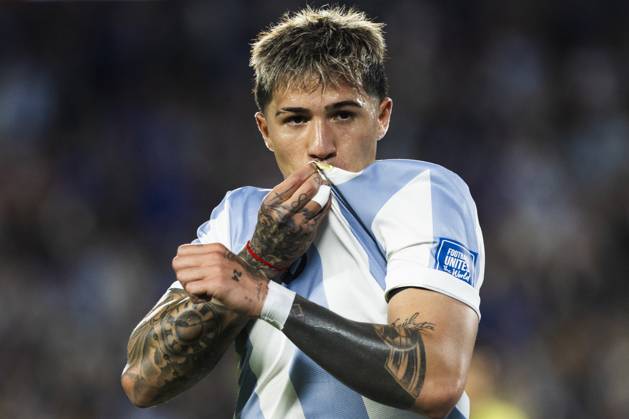 Argentina v Brazil - FIFA World Cup, WM, Weltmeisterschaft, Fussball 2026 Qualifier Enzo Fernandez of Argentina celebrates after scoring the team s second goal during the South of American FIFA World Cup 2026 Qualifier between Argentina and Brazil at Estadio Mas Monumental Antonio Vespucio Liberti on March 25, 2025 in Buenos Aires, Argentina. Buenos Aires Argentina Copyright: xMatiasxBagliettox originalFilename:baglietto-notitle250325_npOJK