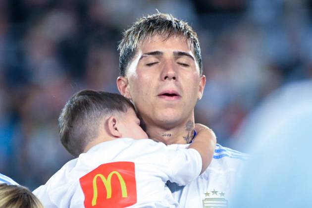 Argentina v Brazil - FIFA World Cup, WM, Weltmeisterschaft, Fussball 2026 Qualifier The player from Argentina, Enzo Fernandez, becomes emotional while the Argentine national anthem plays in the stadium during a South American qualifier match for the 2026 FIFA World Cup between Argentina and Brazil at the Mas Monumental stadium in Buenos Aires, Argentina, on March 25, 2025. Ciudad Autonoma de Buenos Aires Argentina Copyright: xJuanxManuelxBaezx originalFilename:baez-argentin250325_npaf8