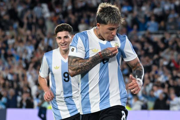 Argentina v Brazil - FIFA World Cup, WM, Weltmeisterschaft, Fussball 2026 Qualifier The player from Argentina, Enzo Fernandez, celebrates a goal during a South American qualifier match for the 2026 FIFA World Cup between Argentina and Brazil at the Mas Monumental stadium in Buenos Aires, Argentina, on March 25, 2025. Ciudad Autonoma de Buenos Aires Argentina Copyright: xJuanxManuelxBaezx originalFilename:baez-argentin250325_npZgH