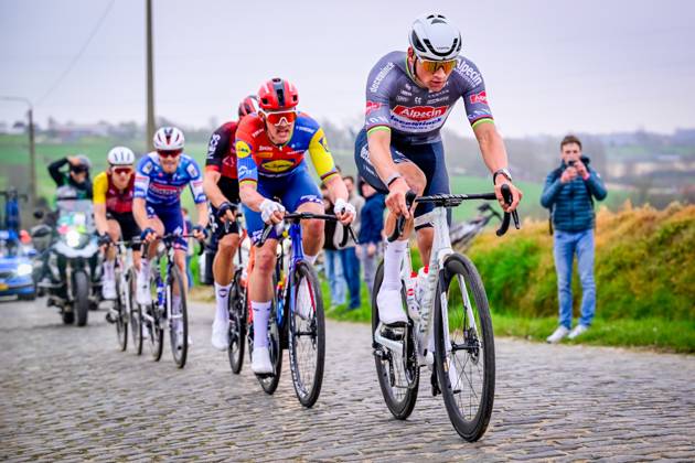 Danish Mads Pedersen of Lidl-Trek and Dutch Mathieu van der Poel of Alpecin-Deceuninck pictured in action during the E3 Saxo Bank Classic one day cycling race, 208,8 km from and to Harelbeke, on Friday 28 March 2025. DIRKxWAEM x116536907x