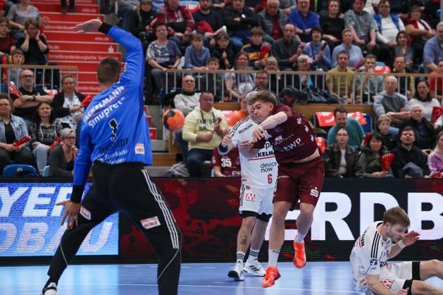 Max Günther VFL Potsdam, 14 has thrown the ball on goal, Dario Quenstedt HC Erlangen, 01 in goalkeeper position, 1 VFL Potsdam vs HC Erlangen, 1 Bundesliga, Daikin, HBL, 29 03 2025 Potsdam Brandenburg Germany Copyright: xFootbowl ThomasxSobotzkix