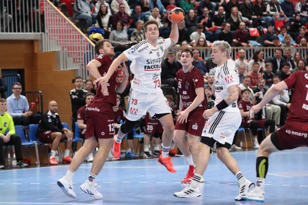 29 03 2025, xtgx, Handball Daikin HBL, VfL Potsdam HC Erlangen emspor, v l Viggo Kristjansson Erlangen, 73 throws goal, goal scorer, scores goal, scores the goal Potsdam