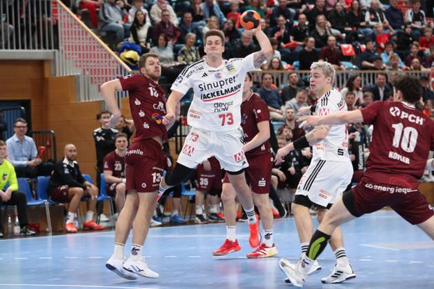 29 03 2025, xtgx, Handball Daikin HBL, VfL Potsdam HC Erlangen emspor, v l Viggo Kristjansson Erlangen, 73 throws goal, goal scorer, scores goal, scores the goal Potsdam
