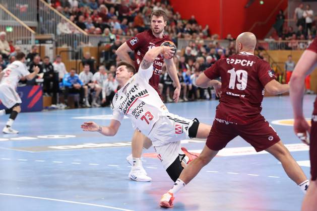 29 03 2025, xtgx, Handball Daikin HBL, VfL Potsdam HC Erlangen emspor, v l Viggo Kristjansson Erlangen, 73 throws goal, goal scorer, scores goal, scores the goal Potsdam
