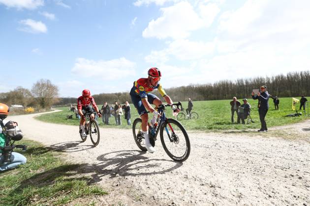 Danish Mads Pedersen of Lidl-Trek pictured in action on the plugstreets during the men elite Gent-Wevelgem - In Flanders Fields one day cycling race, 250.3 km from Ieper to Wevelgem, Sunday 30 March 2025. DAVIDxPINTENS  x117216279x