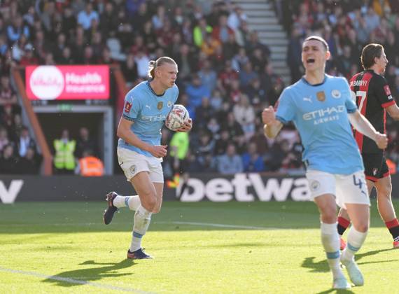 Bournemouth v Manchester City, FA Cup quarter-finals, Football, Vitality Stadium, Bournemouth, UK - 30 Mar 2025 GOAL 1-1. Erling Haaland of Manchester City celebrates after scoring the equaliser. Bournemouth Vitality Stadium Bournemouth GBR, UK NEWSPAPERS OUT Copyright: xSeanxRyanx