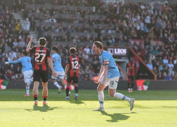 Bournemouth v Manchester City, FA Cup quarter-finals, Football, Vitality Stadium, Bournemouth, UK - 30 Mar 2025 Kevin De Bruyne of Manchester City after Omar Marmoush of Manchester City scores the second goal. Bournemouth Vitality Stadium Bournemouth GBR, UK NEWSPAPERS OUT Copyright: xSeanxRyanx