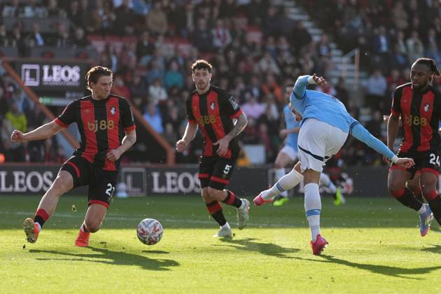 Bournemouth v Manchester City, FA Cup quarter-finals, Football, Vitality Stadium, Bournemouth, UK - 30 Mar 2025 GOAL 1-2. Omar Marmoush of Manchester City scores the second goal for City. Bournemouth Vitality Stadium Bournemouth GBR, UK NEWSPAPERS OUT Copyright: xSeanxRyanx