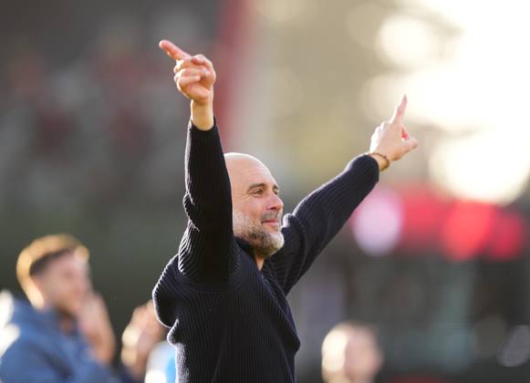 Bournemouth v Manchester City, FA Cup quarter-finals, Football, Vitality Stadium, Bournemouth, UK - 30 Mar 2025 Josep Guardiola manager of Manchester City celebrates in front of the fans after the game. Bournemouth Vitality Stadium Bournemouth GBR, UK NEWSPAPERS OUT Copyright: xSeanxRyanx