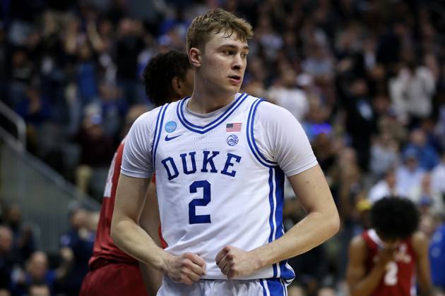 March 29, 2025, Newark, New Jersey, USA: COOPER FLAGG 2 of the Duke Blue Devils reacts during the first half against the Alabama Crimson Tide in their Elite Eight matchup at the Prudential Center. Newark USA - ZUMA 20250329_mda_l223_079 Copyright: xMatthewxLastx