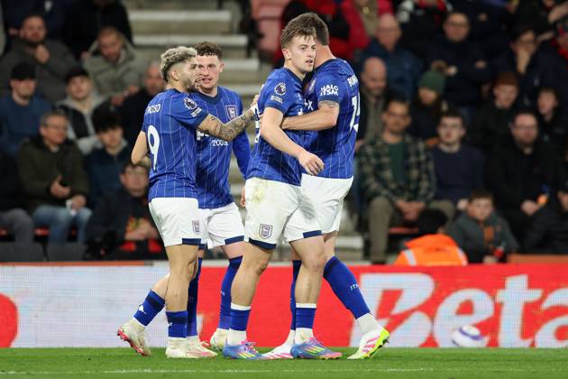 Bournemouth, England, 2nd April 2025. Liam Delap of Ipswich Town celebrates after scoring to make it 2-0 during the Bournemouth v Ipswich Town Premier League match at the Vitality Stadium, Bournemouth. Picture credit should read: Paul Terry Sportimage EDITORIAL USE ONLY. No use with unauthorised audio, video, data, fixture lists, club league logos or live services. Online in-match use limited to 120 images, no video emulation. No use in betting, games or single club league player publications. SPI_016_PT_Bournemouth_Ipswich SPI-3791-0016
