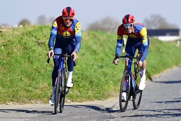 Danish Mads Pedersen of Lidl-Trek and Belgian Tim Declercq of Lidl-Trek pictured during a track reconaissance ahead of the Ronde van Vlaanderen Tour des Flandres Tour of Flanders cycling race, Thursday 03 April 2025. The 109th edition of the cycling race will take place on Sunday 06 April. DIRKxWAEM x118587754x