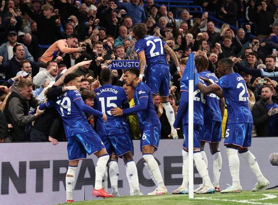 London, England, 3rd April 2025. Enzo Fernandez of Chelsea celebrates scoring his sides opening goal during the Chelsea v Tottenham Premier League match at Stamford Bridge, London. Picture credit should read: David Klein Sportimage EDITORIAL USE ONLY. No use with unauthorised audio, video, data, fixture lists, club league logos or live services. Online in-match use limited to 120 images, no video emulation. No use in betting, games or single club league player publications. SPI_020_DK_Chelsea_Tottenham SPI-3792-0020
